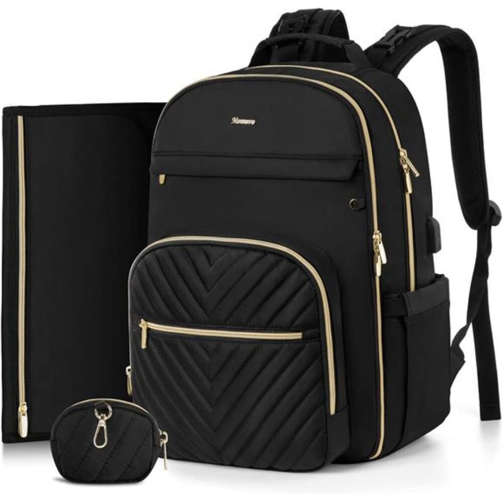 MOMUVO Diaper Bag Backpack, Quilted Baby Bag with Changing Pad & Stroller